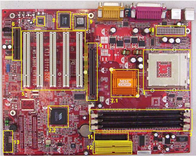 MSI KT3 Ultra motherboard, labeled